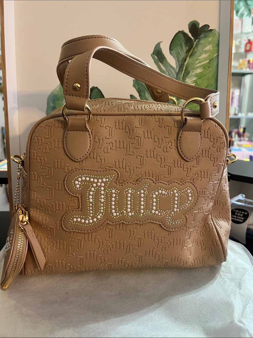 Juicy Couture Beige/Tan Embossed Logo Satchel with Pearls